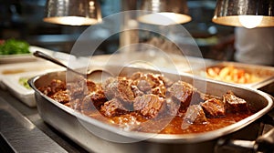 A tray of beef stew in a kitchen setting.
