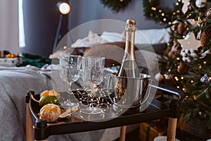 A tray with a bottle of champagne, two wine glasses, and fruit. Scene is celebratory and festive.