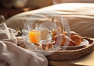 Tray with breakfast in bed with fresh coffee and orange juice and soft croissant in luxury hotel.Macro.AI Generative