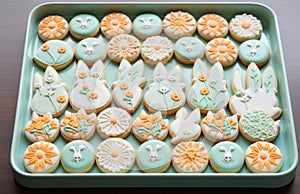 a tray of bunny cookies with tulips