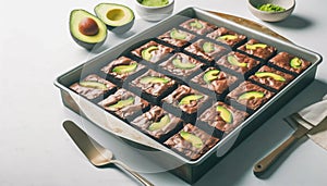 Tray of chocolate brownies topped with avocado slices on a kitchen counter