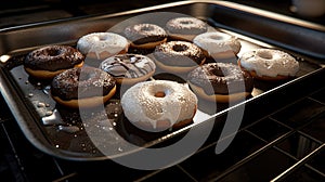 a tray of chocolate covered donuts in a pan