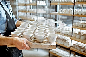 Tray with clay cups at the pottery