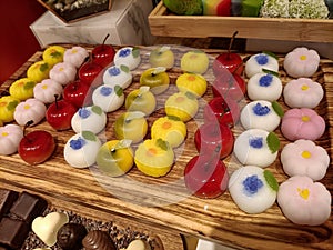 Tray of colorful japanese mochi