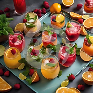 A tray of colorful mocktails garnished with fresh fruit slices and mint leaves1