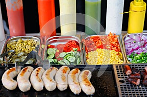 Tray with cooked food on showcase