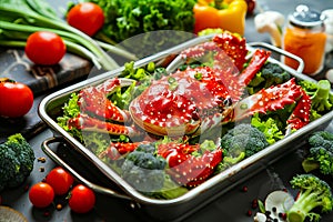 A tray of crabs and vegetables on a table
