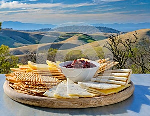 A tray of crisp crackers artis cheeses and charerie spreads set up against a backdrop