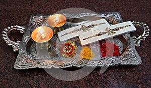 A tray is decorated traditionally
