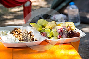 Tray with delicious cheese, grape and nuts on table photo