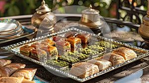 A tray of delicious sweets including baklava and maamoul traditionally served during Eid alAdha gatherings photo