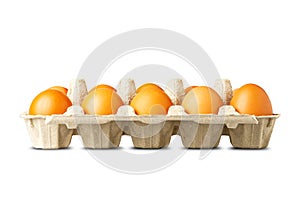 Tray of eggs isolated on a white background. Food.