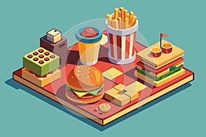 Tray featuring a classic fast food meal - a hamburger, crispy french fries, and a refreshing soda, Fast food Customizable