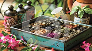 A tray filled with colorful tea tins and delicate teacups entices tea lovers to sample the variety of exquisite herbal