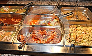 Tray filled with food inside the self service Chinese restaurant