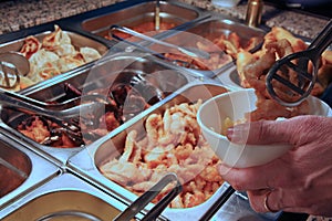 Tray filled with fried meat and fish within the self service res