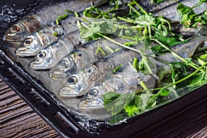 A tray of fish with parsley on top, close up.