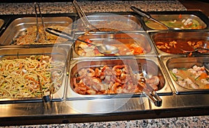 Tray with food inside the self service Chinese restaurant
