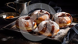 a tray of four glazed donuts with chocolate