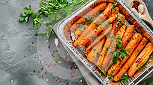 A tray of fresh carrots topped with parsley