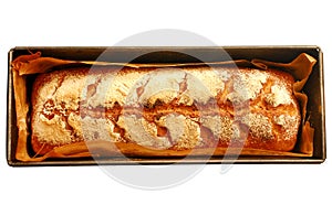 Tray with fresh sourdough homemade bread isolated on white background