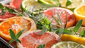 A tray of freshly citrus fruits and herbs for garnishing the cocktails photo