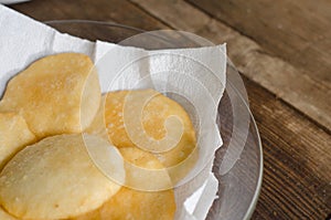 Tray of freshly fried arepas.