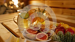 A tray of freshly fruits and herbal tea enjoyed by the group during a break from the sauna. photo