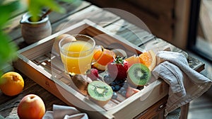 A tray of freshly fruits and herbal tea offering a nutritious postsauna snack to replenish and rehydrate the body.