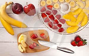Tray of Fruit Being Prepared to Dehydrate on a Wooden Table