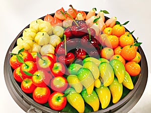 Tray of fruit shaped mung beans or Kanom look choup.