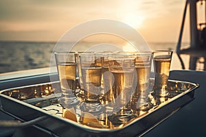 a tray with glasses of drinks on a boat in the ocean