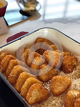 Tray of hash browns in landscape