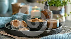 A tray of indulgent spa items such as a face mask and exfoliating sugar scrub sits within arms reach