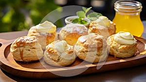 Tray mini British scones clotted cream photo