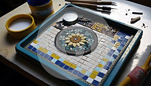 A Tray Of Mosaic Tiles And Grout For Making Mosaic Art. Generative AI