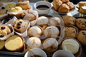 a tray of muffins and scones, daintily arranged for morning tea