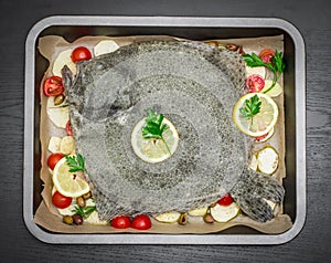 A tray with raw turbot fish with potato slices, seasoned with olive oil, cherry tomatoes, black olives, parsley and lemon slices,