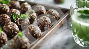 A tray of raw vegan energy bites perfect for pairing with a refreshing green juice cocktail