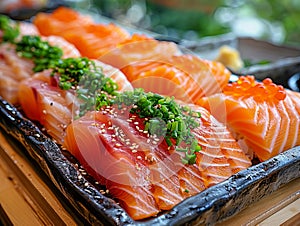 A tray of salmon and other fish on a table