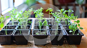 A tray of seedlings in plastic containers