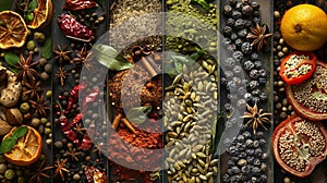 Tray of spices and fruits on a table