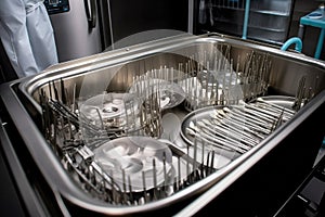 a tray of surgical instruments being sterilized in an autoclave