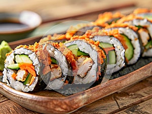 A tray of sushi rolls with cucumber and carrots