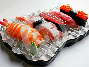 A tray of sushi is sitting on a table