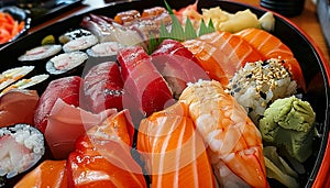 A tray of sushi is on a table