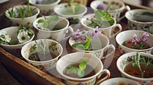 A tray of tea cups featuring different herbs and flowers ready for guests to sample and compare