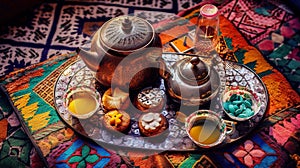 A tray with a tea pot, tea cups, and cookies on it. AI generative image