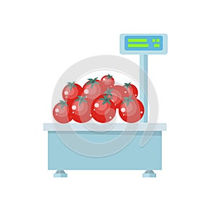 Tray with Tomatoes on Store Scales Vector.