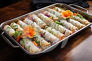 a tray of uncooked spring rolls ready for frying